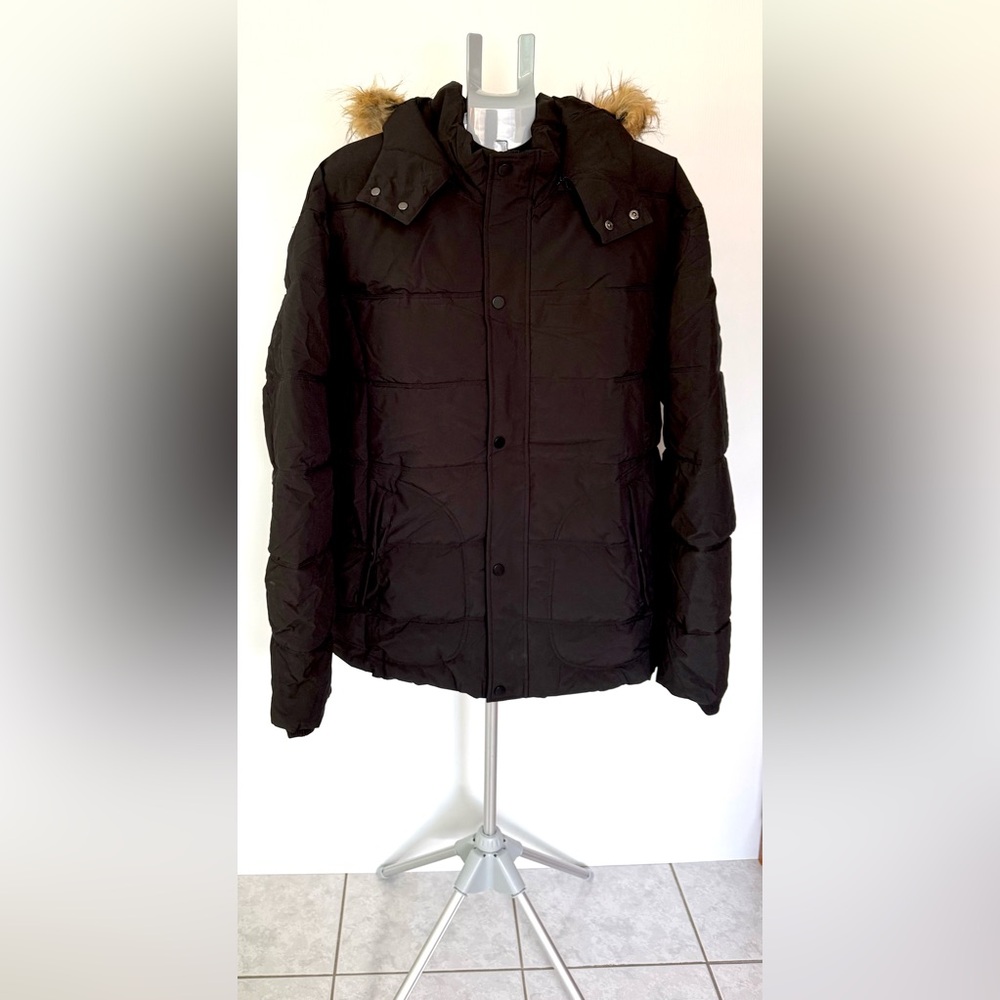 Wantdo Men's Winter Hooded Puffer Jacket Faux Fur Hood Black Size 3XL New